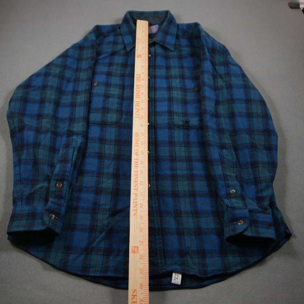 Pendleton Vintage Plaid Wool Flannel Men Shirt L Western Blue Logger Cabin Retro